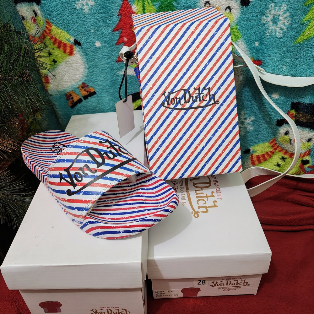 Von Dutch Barber Striped Slide Sandals and Crossbody Bag Set